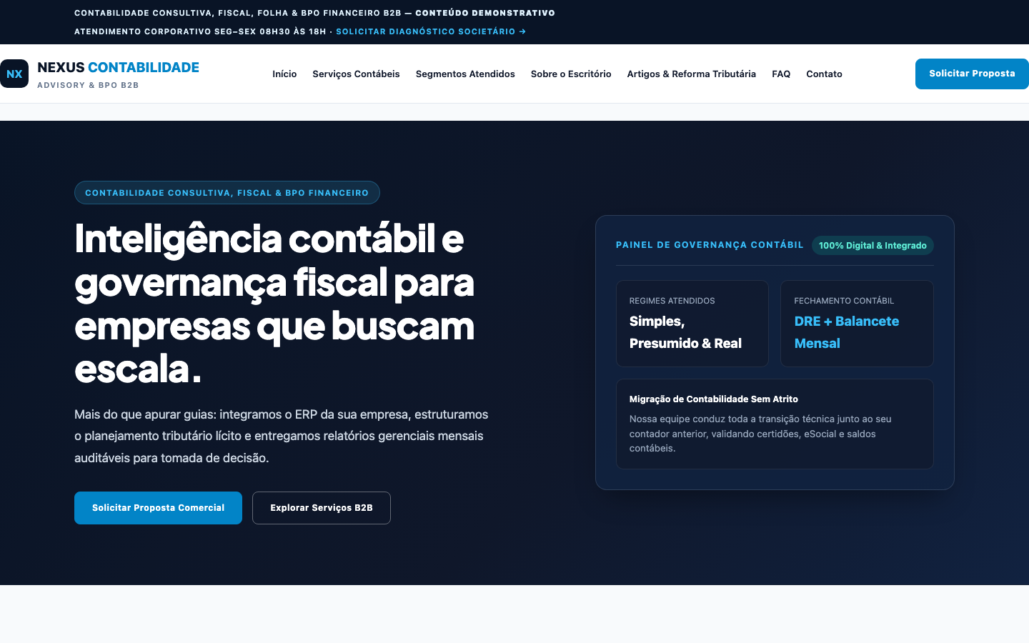 Apresentação do modelo Nexus Contabilidade — Escritório de Contabilidade e Serviços Empresariais